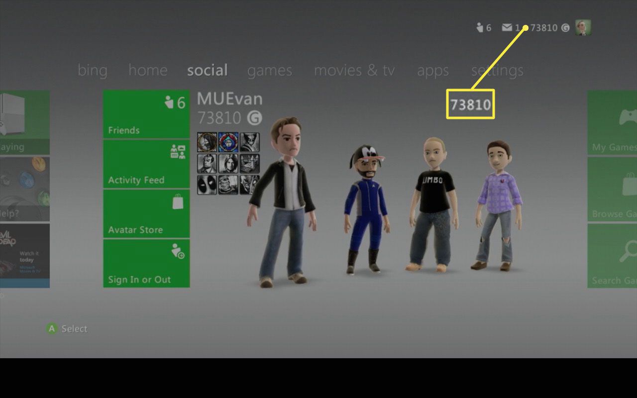 Karta sociální v konzole Xbox 360.