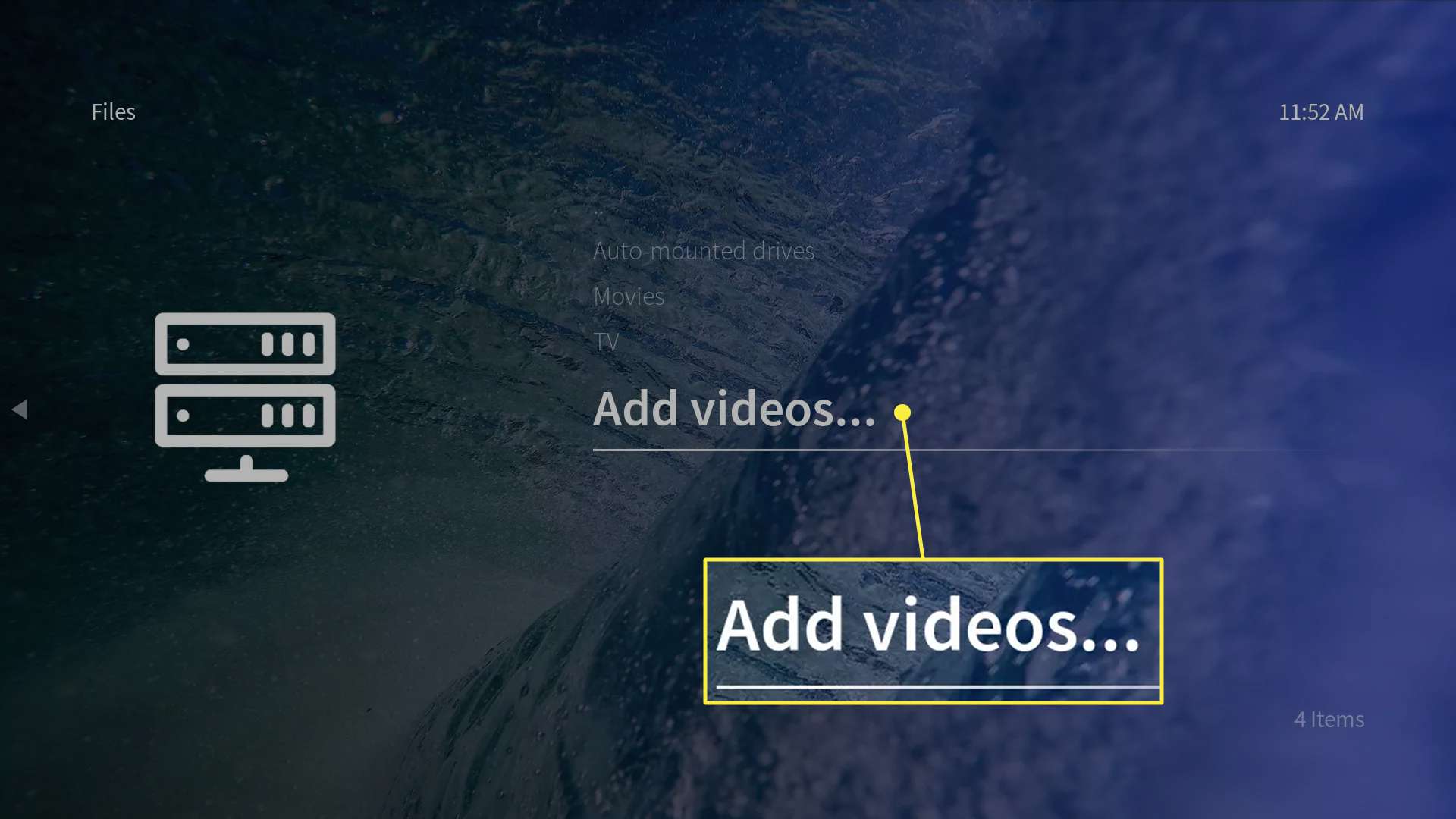 Aplikace OSMC se zvýrazněnou možností Přidat videa