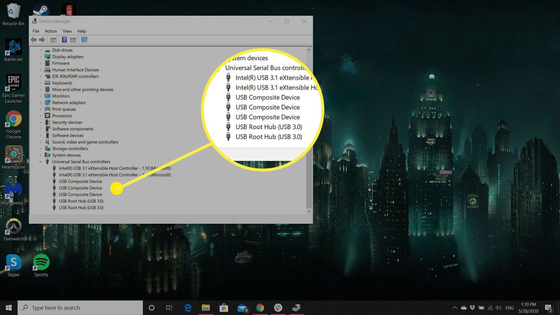 Snímek obrazovky ve Windows zobrazující počítač s podporou USB 3.0.