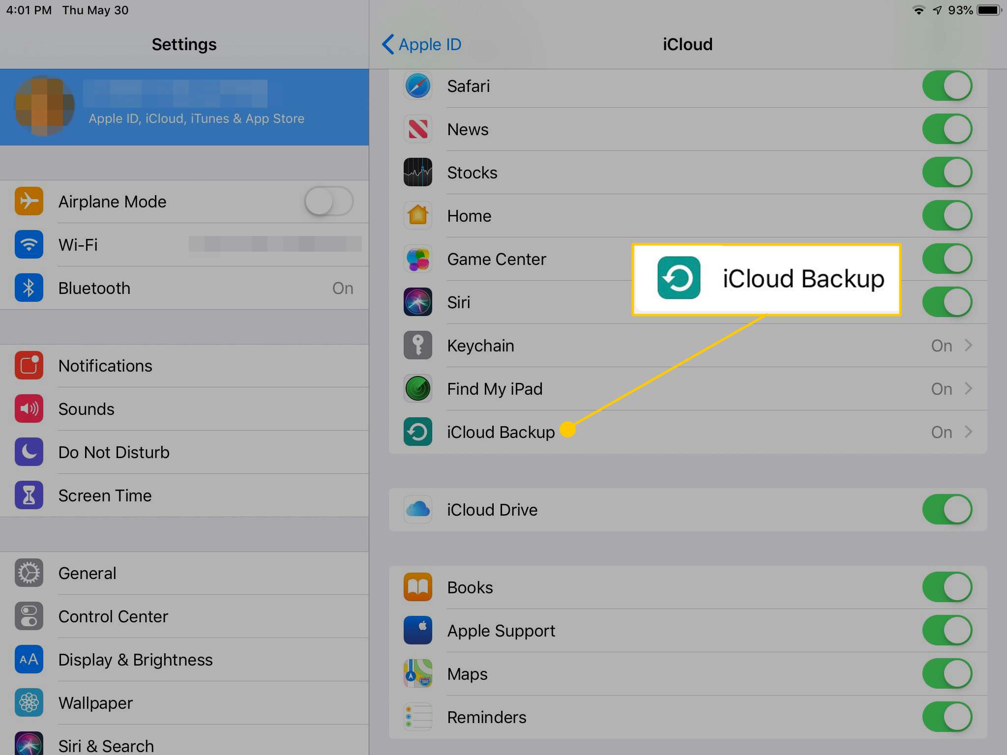 Tlačítko iCloud Backup v nastavení iOS na iPadu