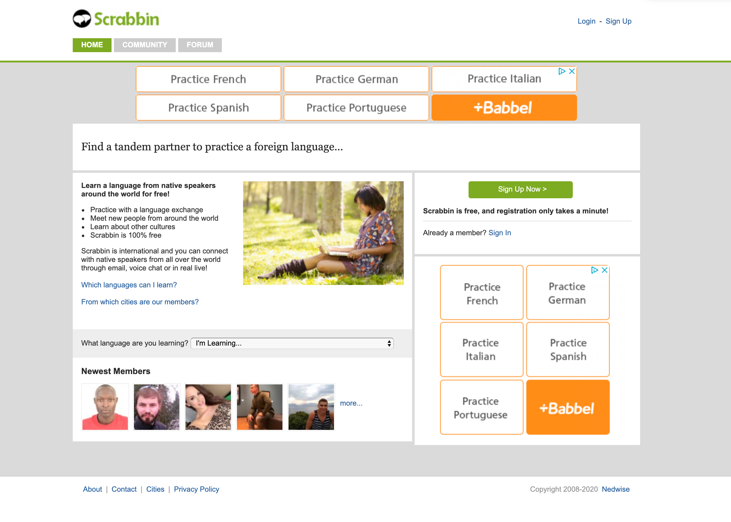 Screenshot webové stránky Scrabbin pro studium jazyků.
