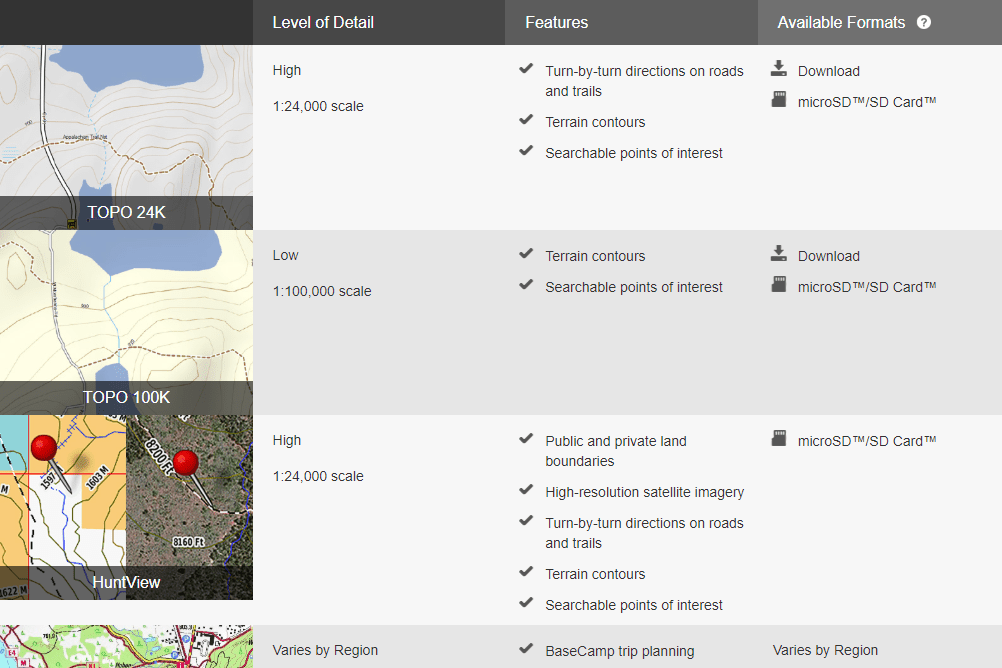 Screenshot stránky venkovních map Garmin