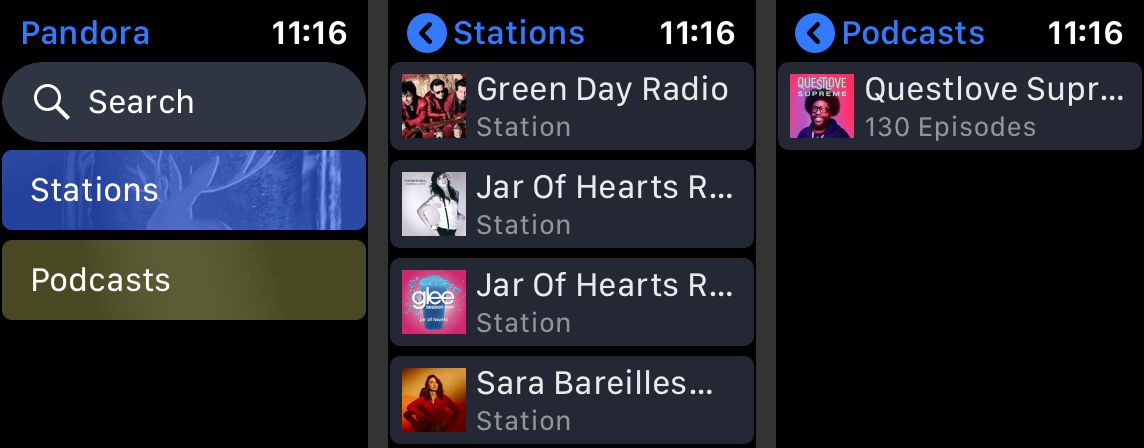 Tři obrazovky aplikace Pandora Apple Watch ukazující nové rozhraní
