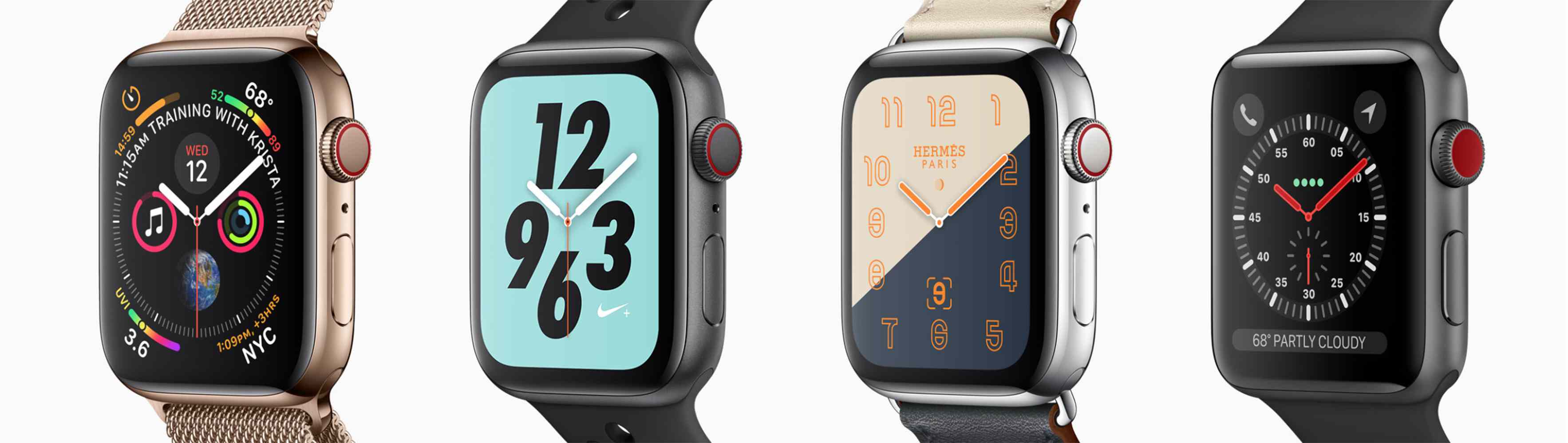 Čtyři modely Apple Watch s různými vzory ciferníku