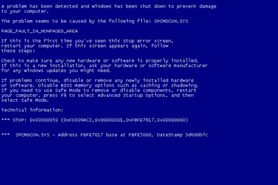 Snímek obrazovky BSOD systému Windows XP se stop kódem