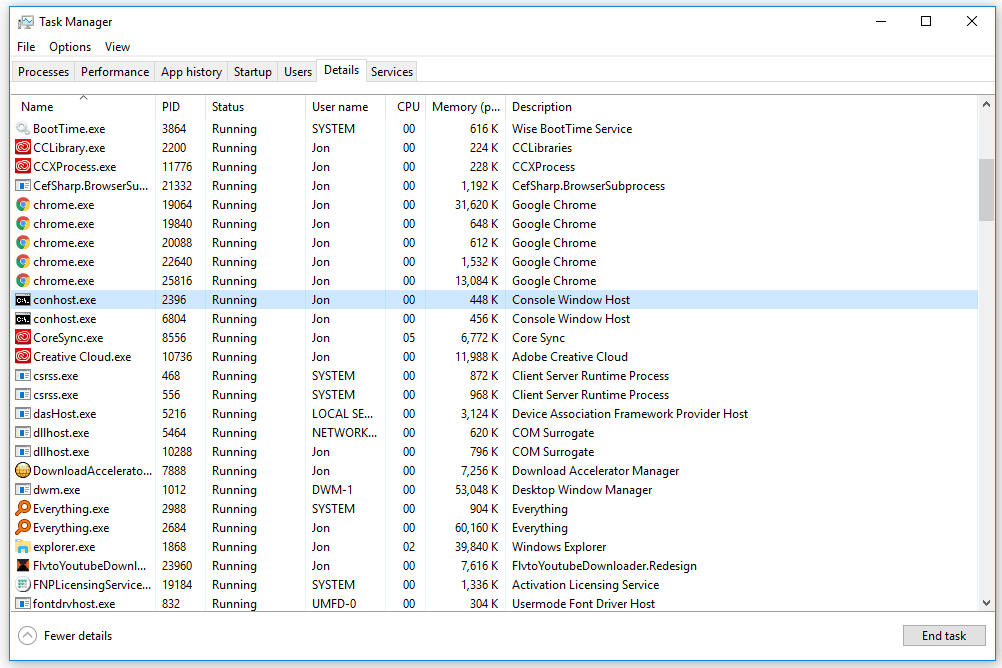 proces conhost.exe spuštěný ve Správci úloh systému Windows 10