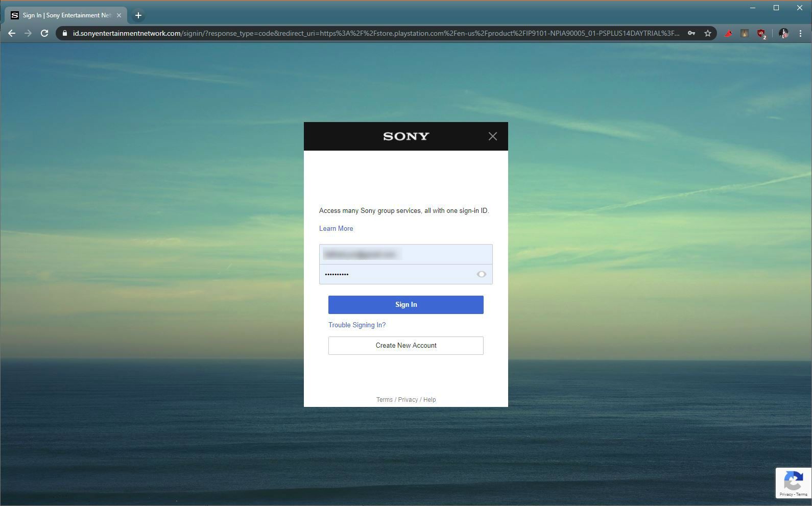 Přihlašovací obrazovka Sony během procesu registrace PS Plus.