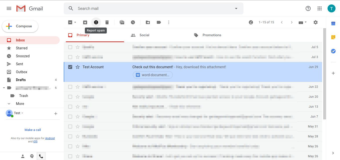 Gmail nahlásí zprávu jako spam