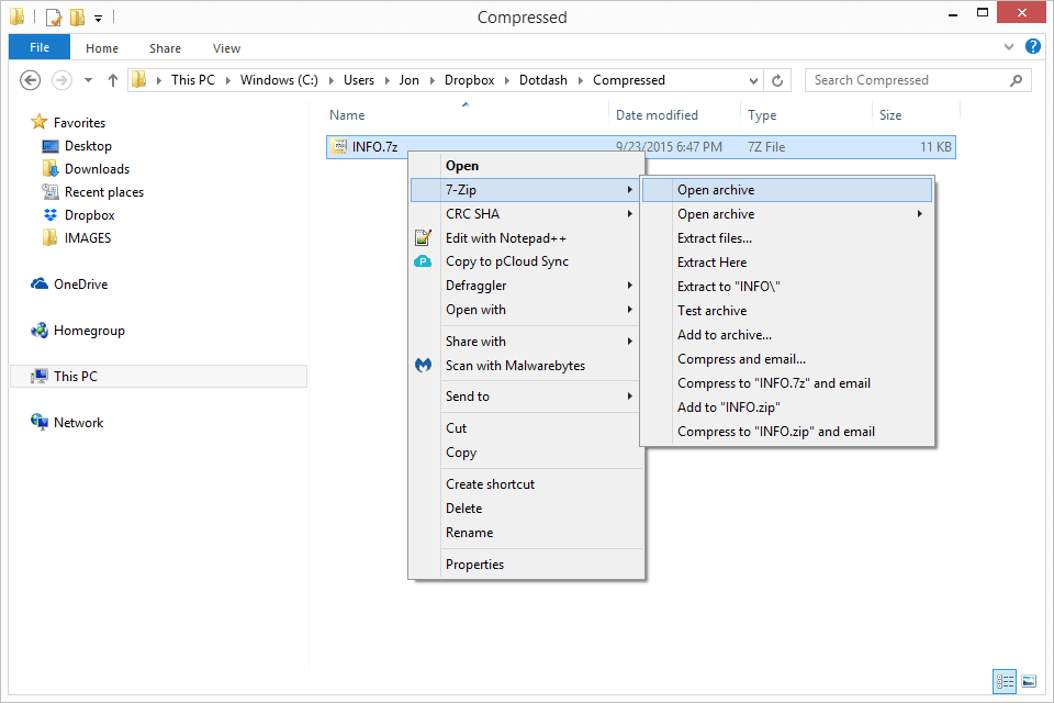 Možnosti kontextové nabídky 7-Zip