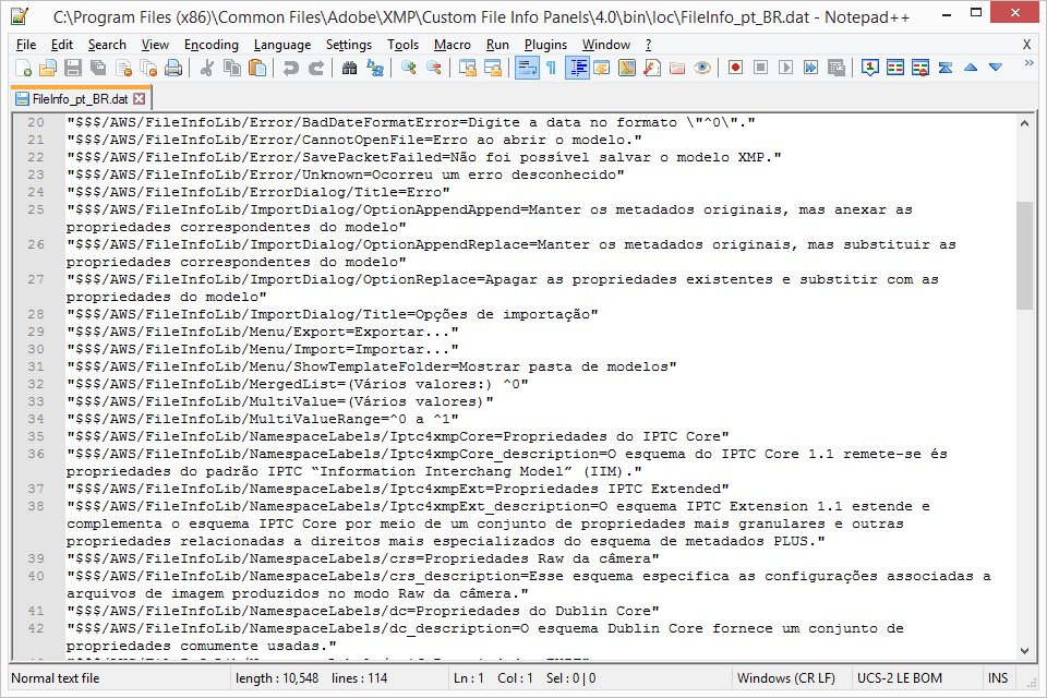 DAT textový soubor s názvem FileInfo_pt_BR.dat