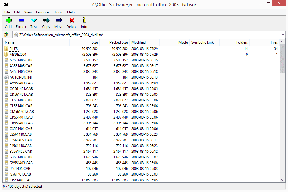 Soubor ISO Microsoft Office 2003 otevřený v 7-Zipu