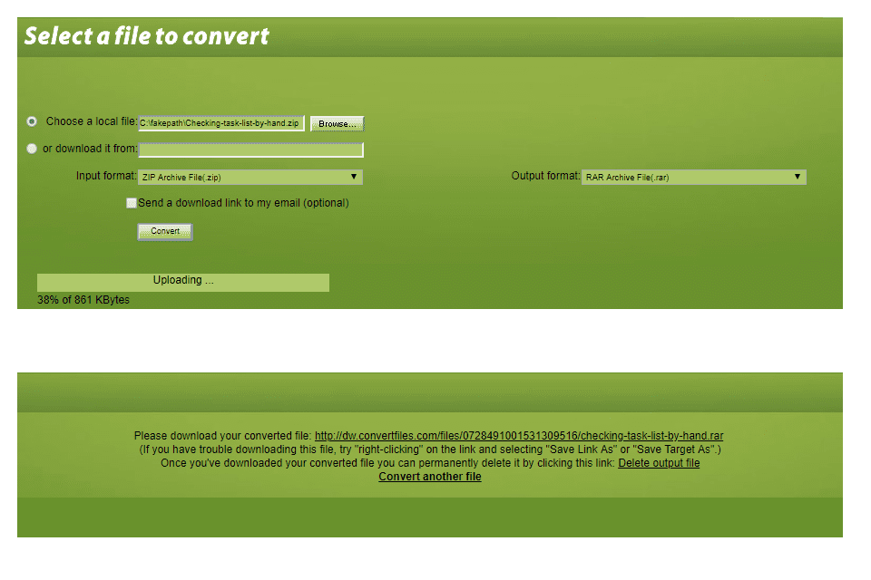 Screenshot z webu Convert.Files převádějícího soubor ZIP