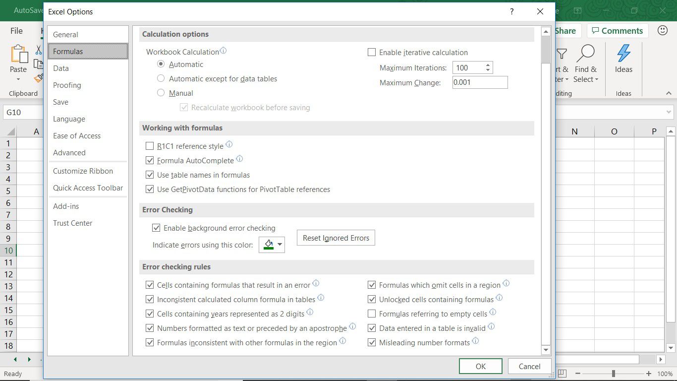 Snímek obrazovky zobrazující dialogové okno Možnosti aplikace Excel s vybranou kartou Vzorce