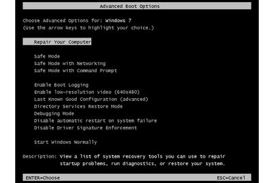 Screenshot z nabídky Advanced Boot Options v systému Windows 7