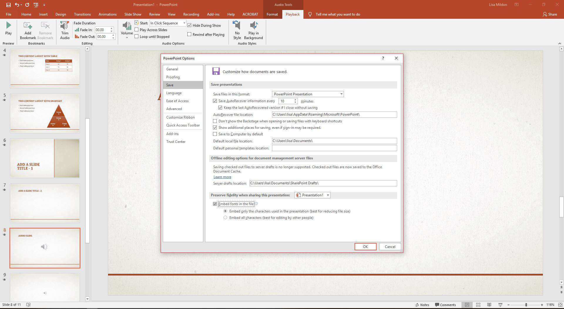 Dialogové okno Microsoft PowerPoint zobrazující Možnosti.