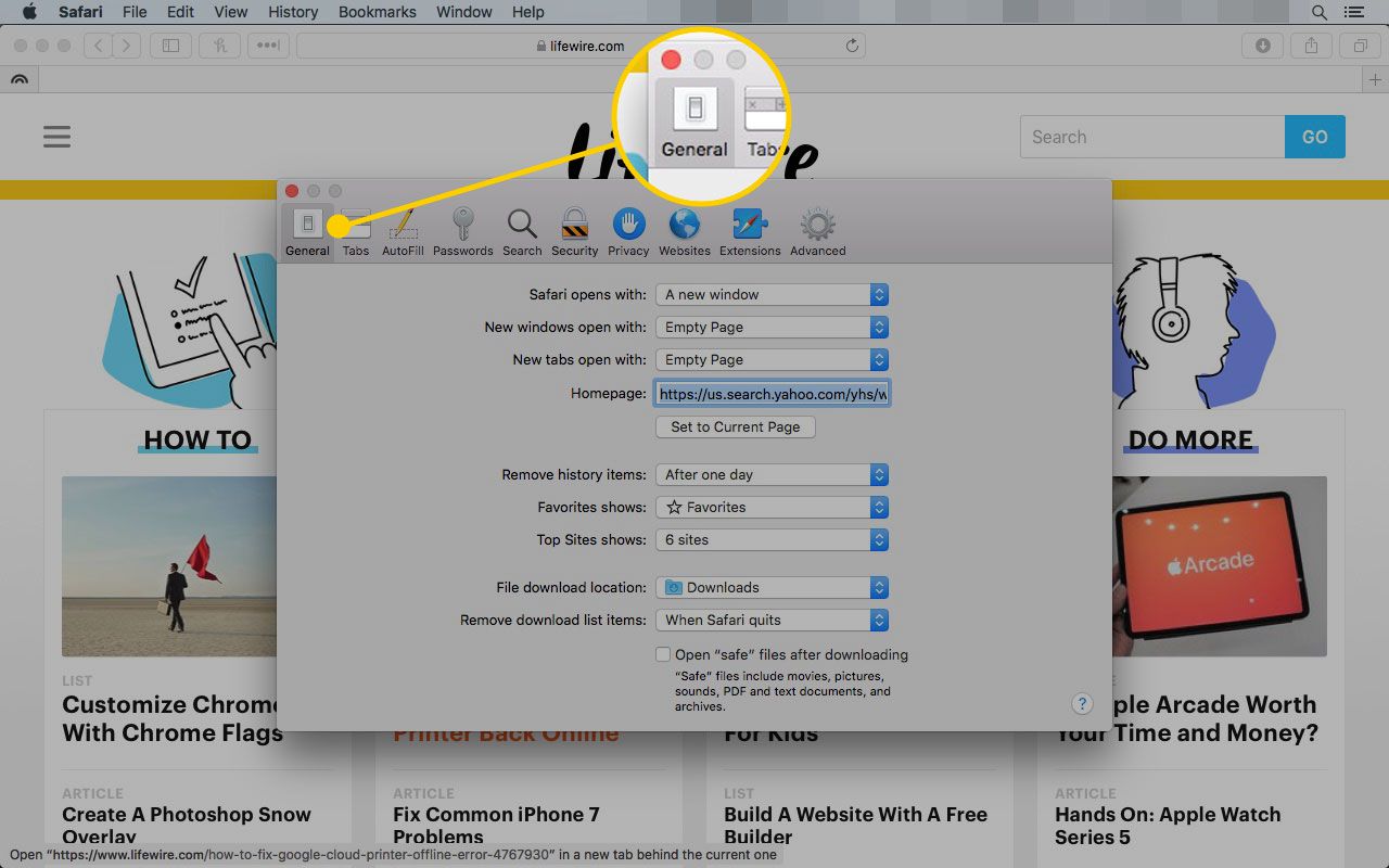 Předvolby Safari na Macu se zvýrazněnou záložkou Obecné