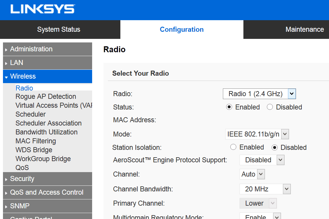 Screenshot nastavení rádia v routeru Linksys