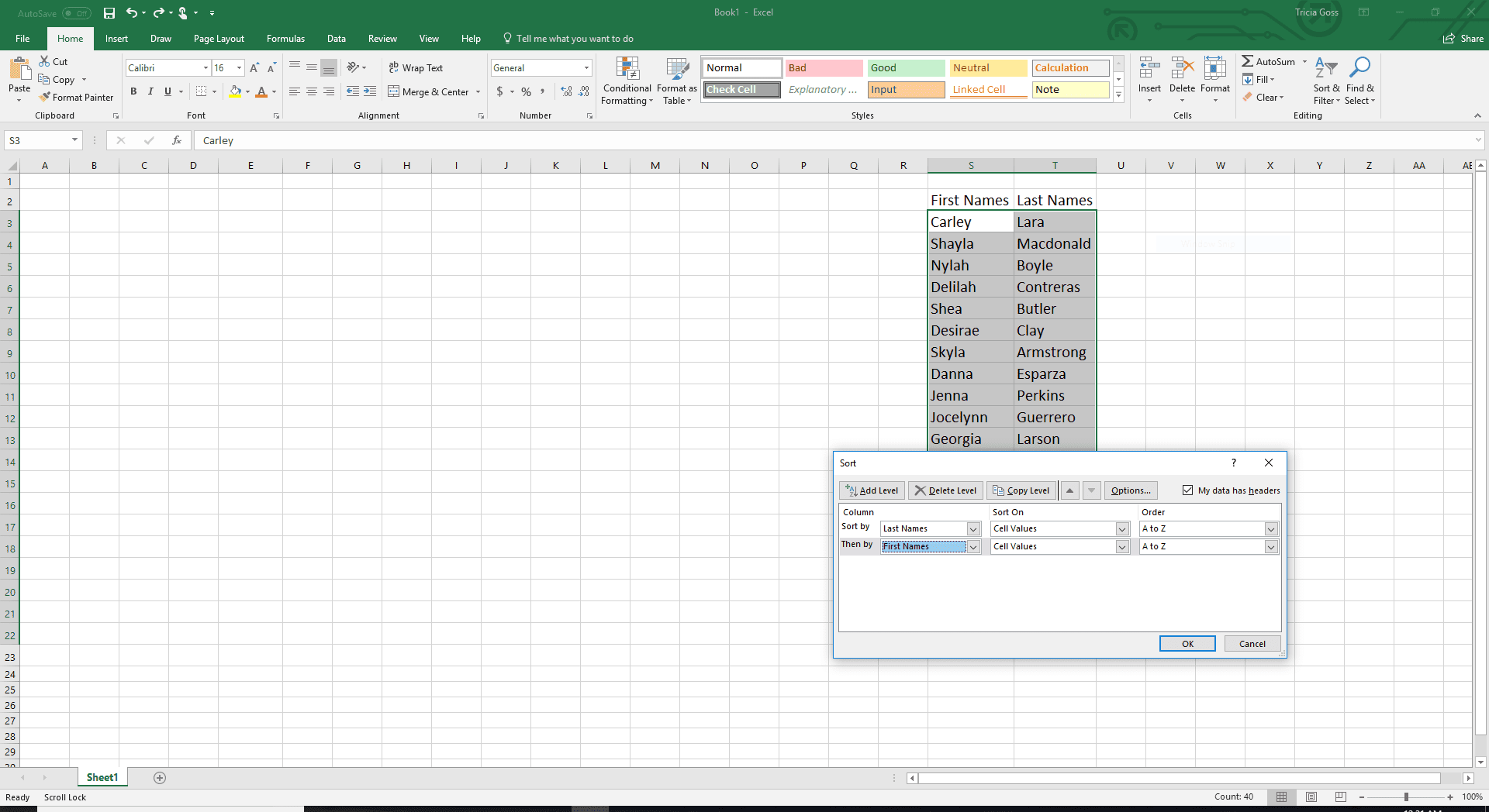 Pole Rozšířené řazení v aplikaci Excel.