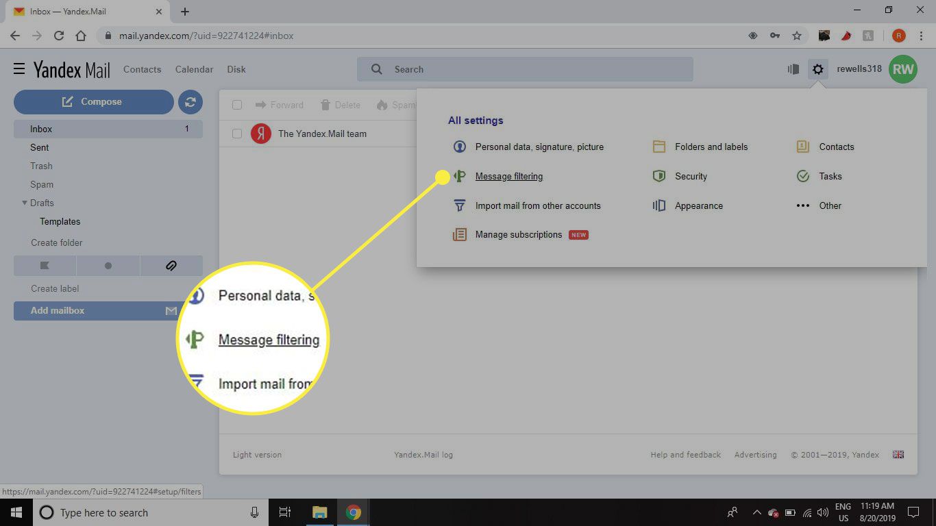 Možnost nastavení filtrování zpráv v aplikaci Yandex Mail