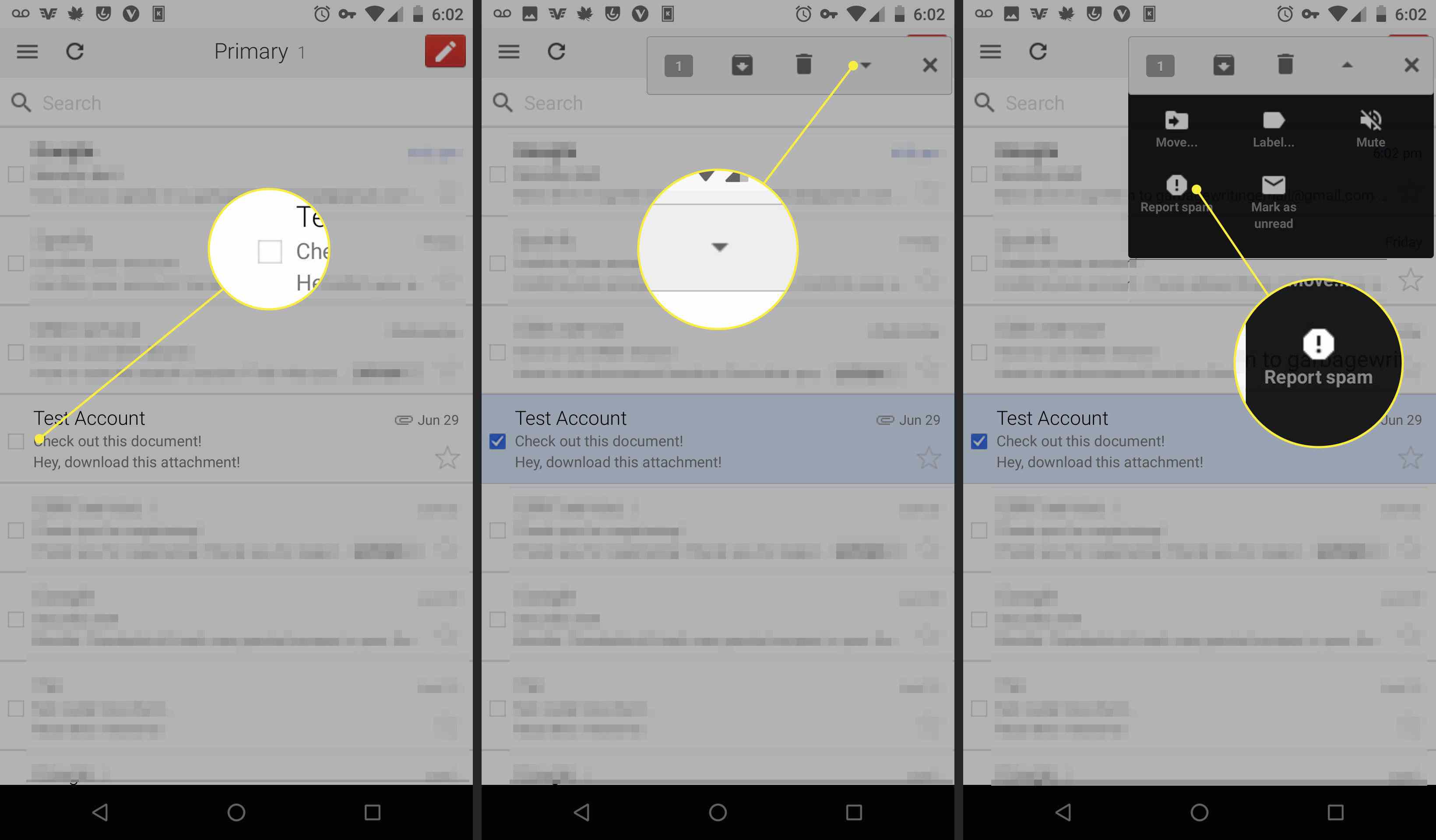 Screenshoty aplikace Gmail ukazující, jak nahlásit zprávu jako spam
