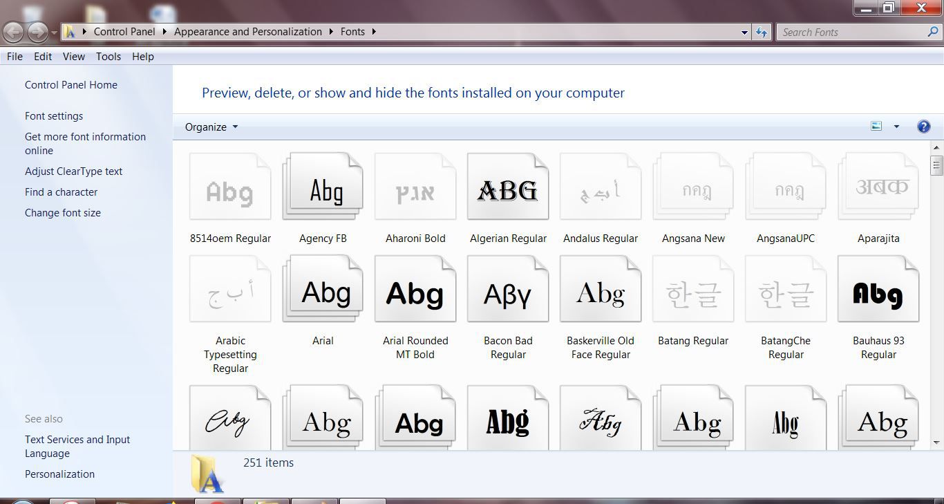 Screenshot složky Windows 7 Fonts