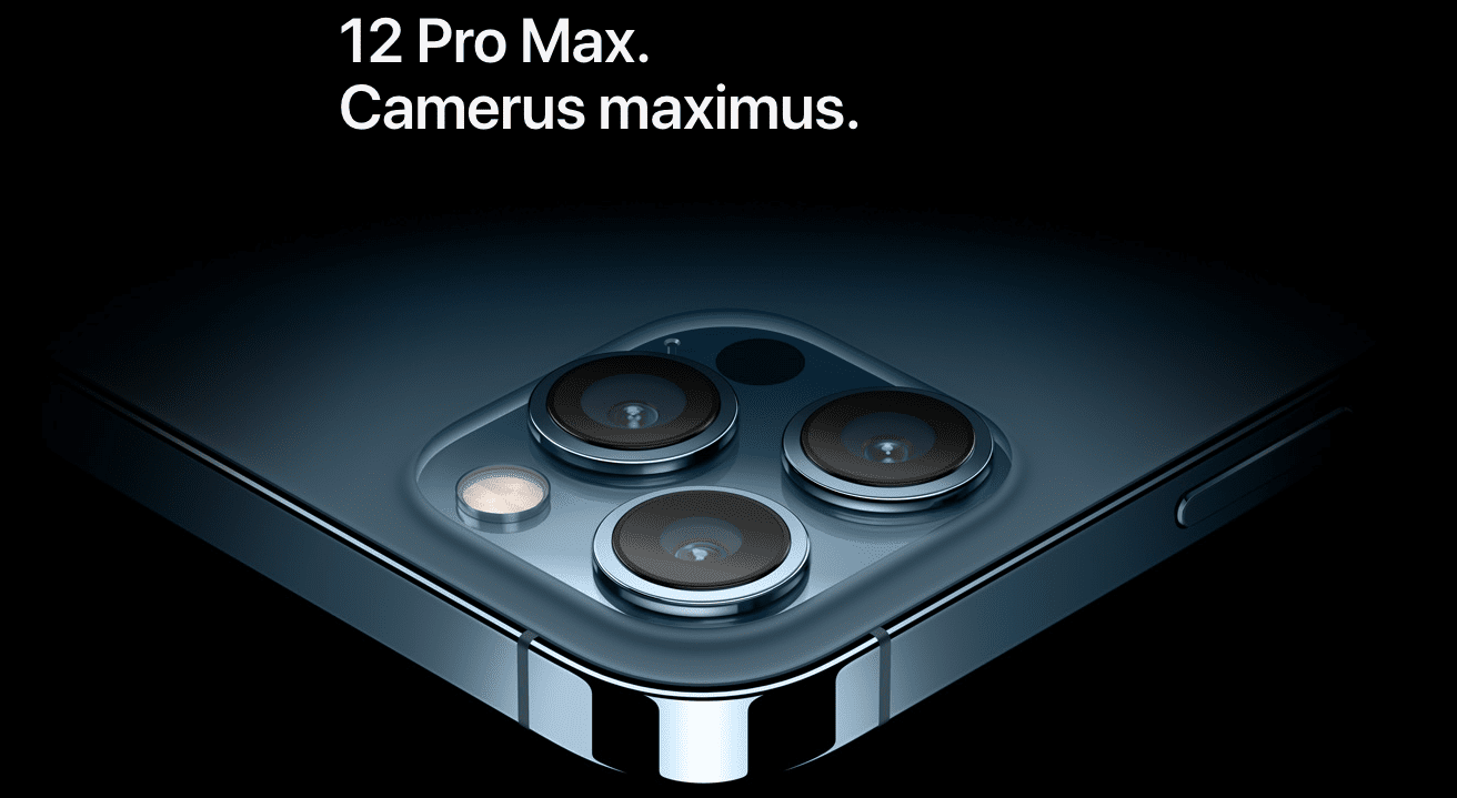 Promo obrázek iPhonu 12 Pro Max označující fotoaparát jako „camerus maximus“ 