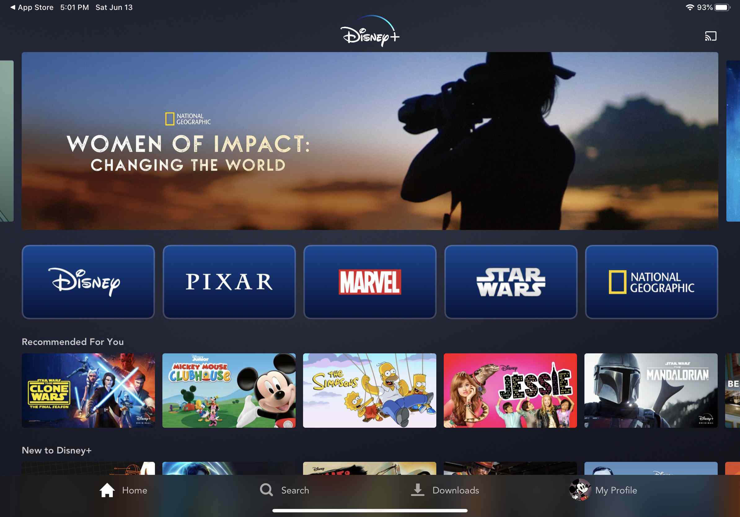 Screenshot aplikace Disney Plus na iPadu