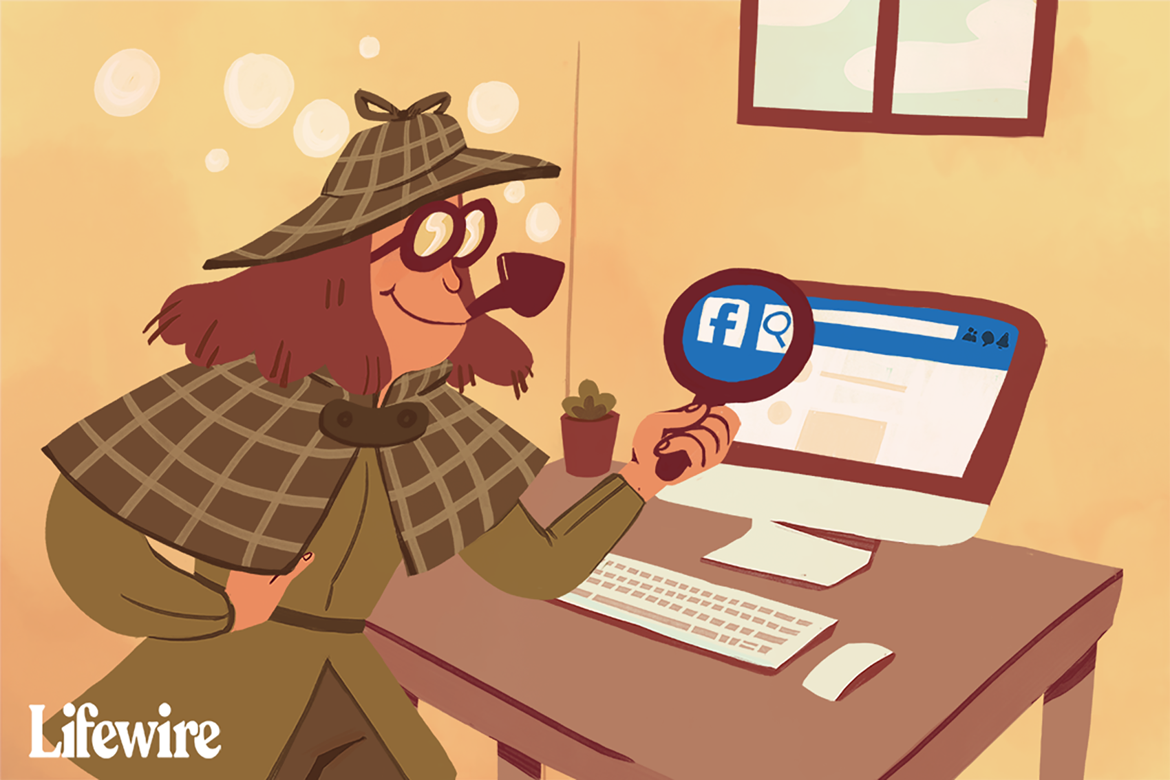 Ilustrace osoby oblečené jako Sherlock Holmes, která drží zvětšovací sklo před stránkou Facebooku v počítači
