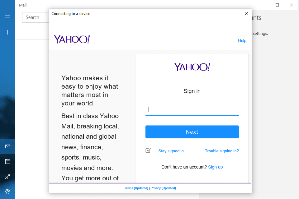 Výzva k přihlášení k Yahoo Mail ve Windows 10 Mail