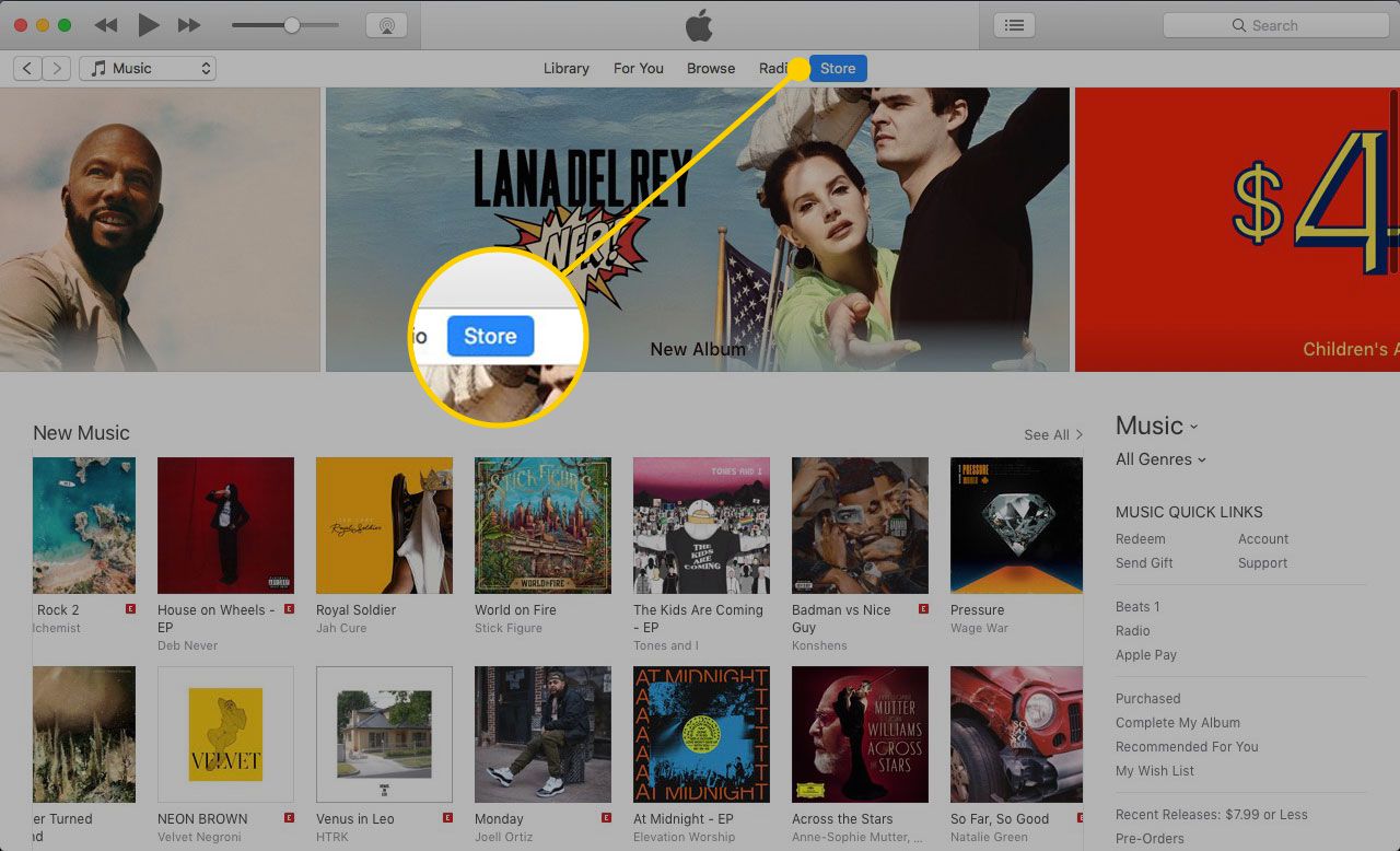 iTunes na Macu se zvýrazněným nadpisem Store