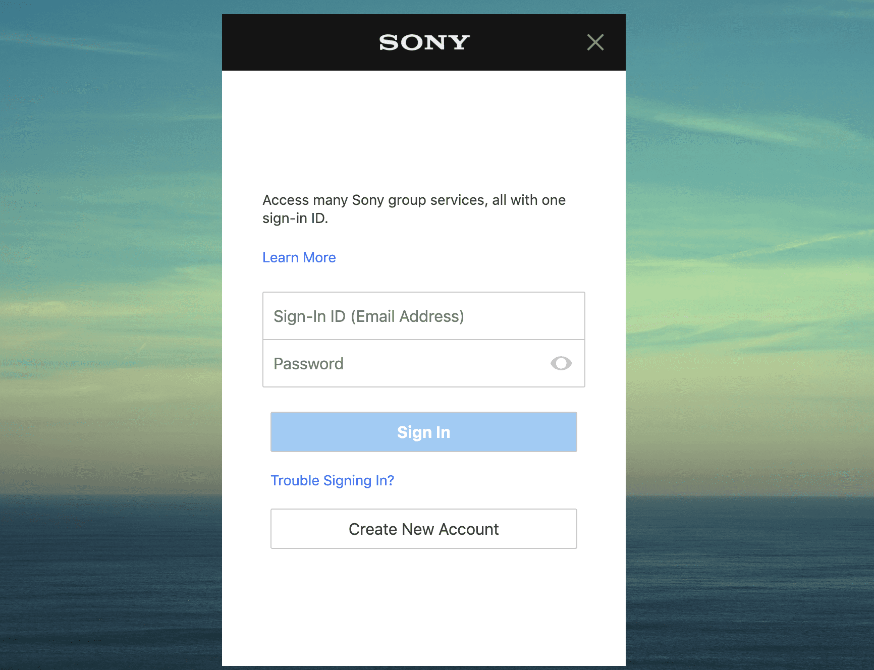 snímek obrazovky pro přihlášení k účtu Sony ve webovém prohlížeči Chrome