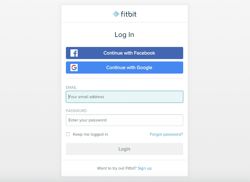 Přihlašovací stránka webu Fitbit