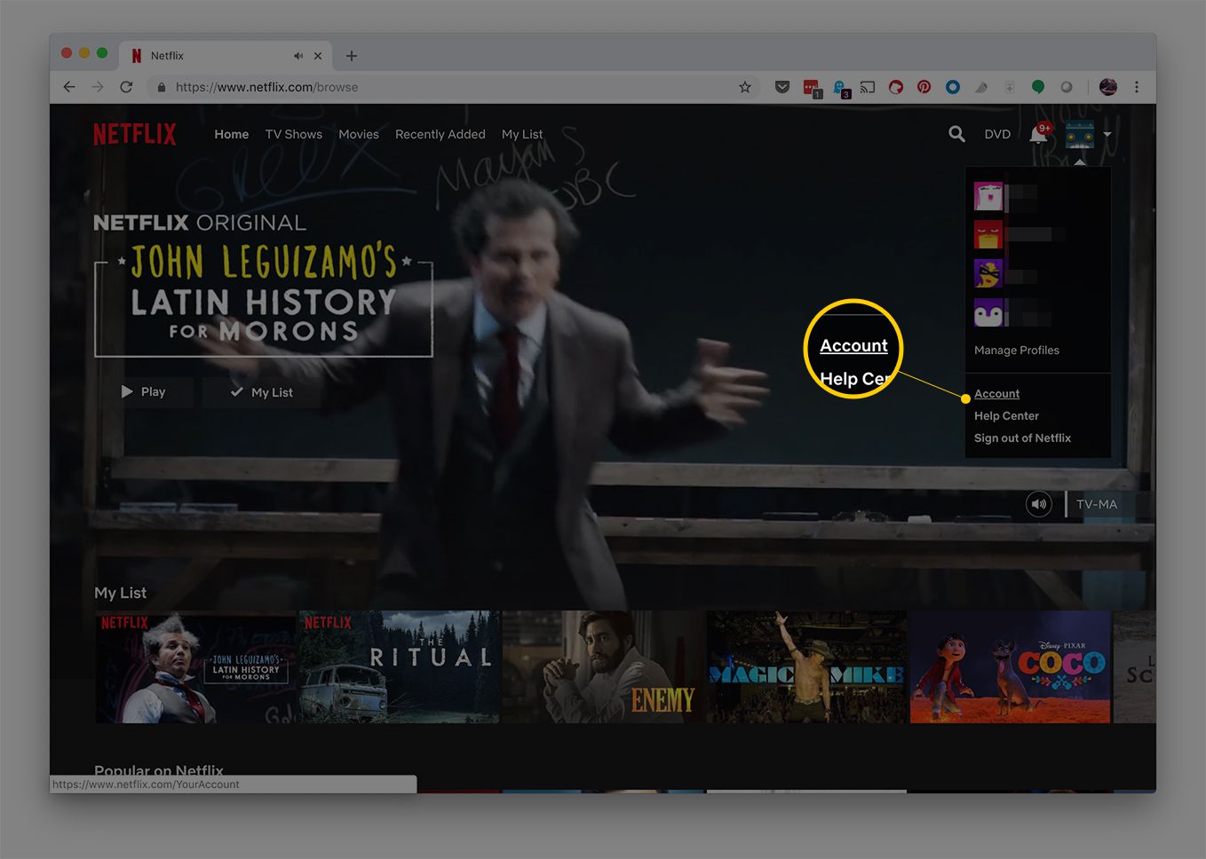 Web Netflix zobrazující tlačítko Účet v profilu