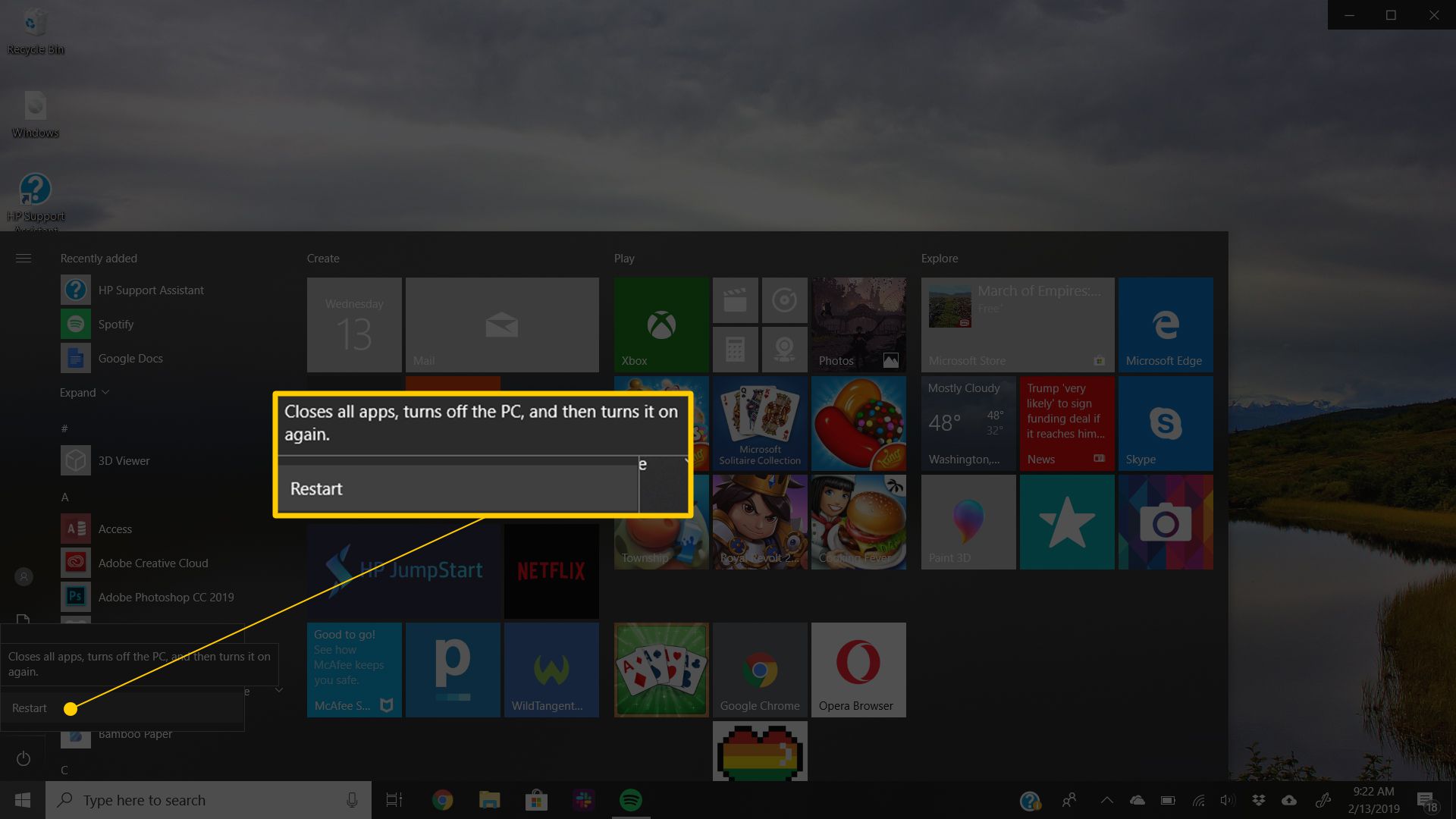 Restartujte nabídku ve Windows 10