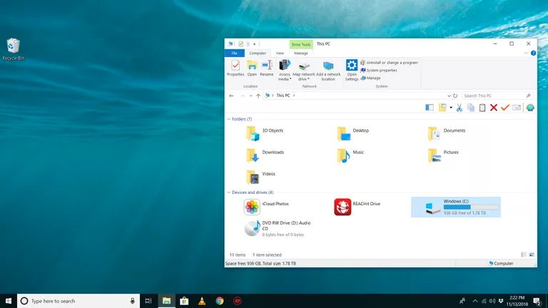 Windows 10 zobrazující volné místo na C