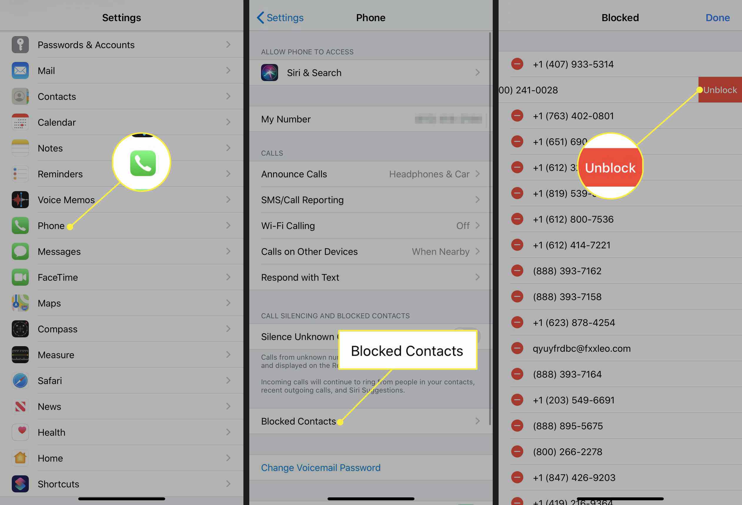 IPhone se zvýrazněnými nastaveními telefonu, nadpisem Blokované kontakty a Odblokovat