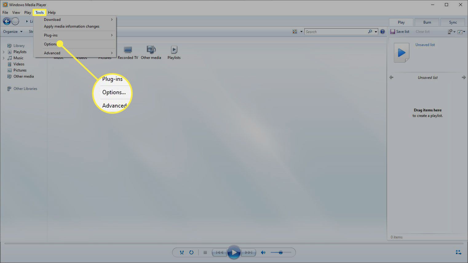 Možnosti v nabídce Nástroje v programu Windows Media Player
