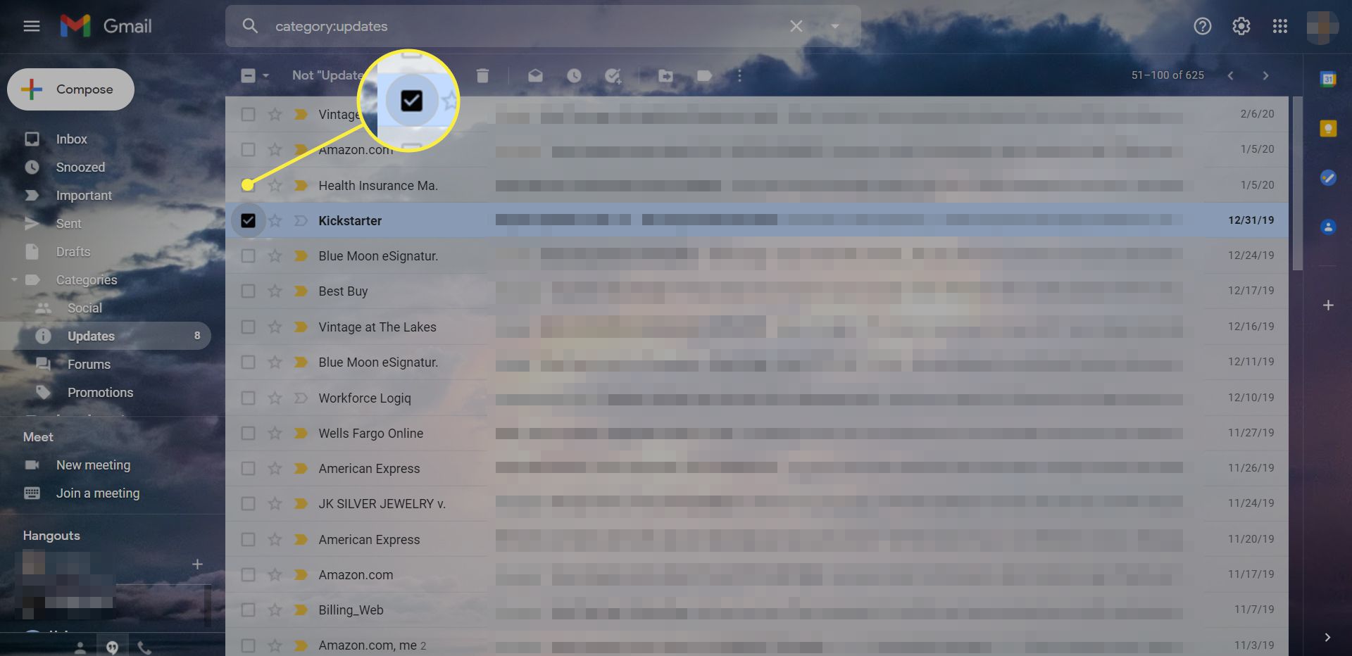 Doručená pošta služby Gmail s vybraným jediným e-mailem
