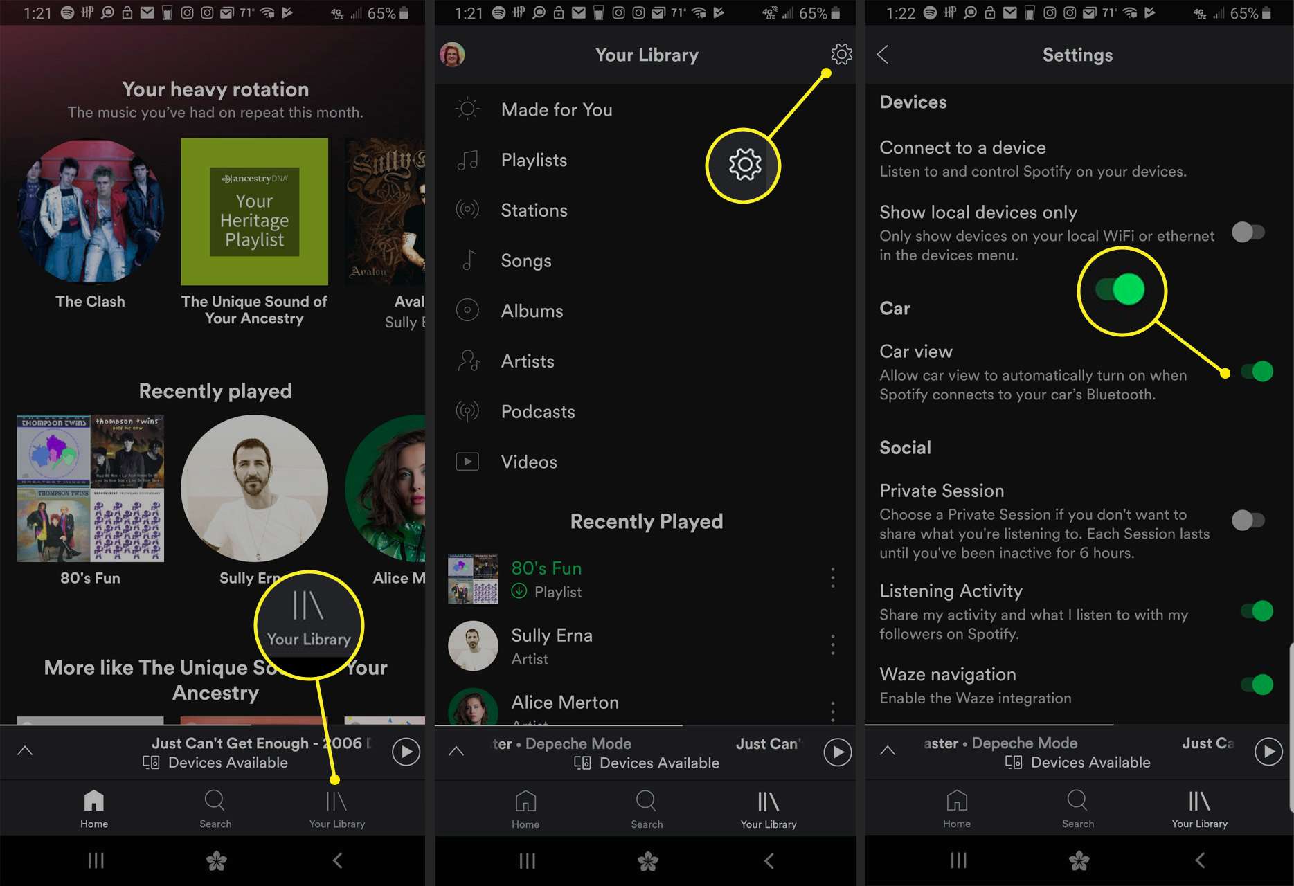 Aplikace Spotify zobrazující nastavení zobrazení vozu