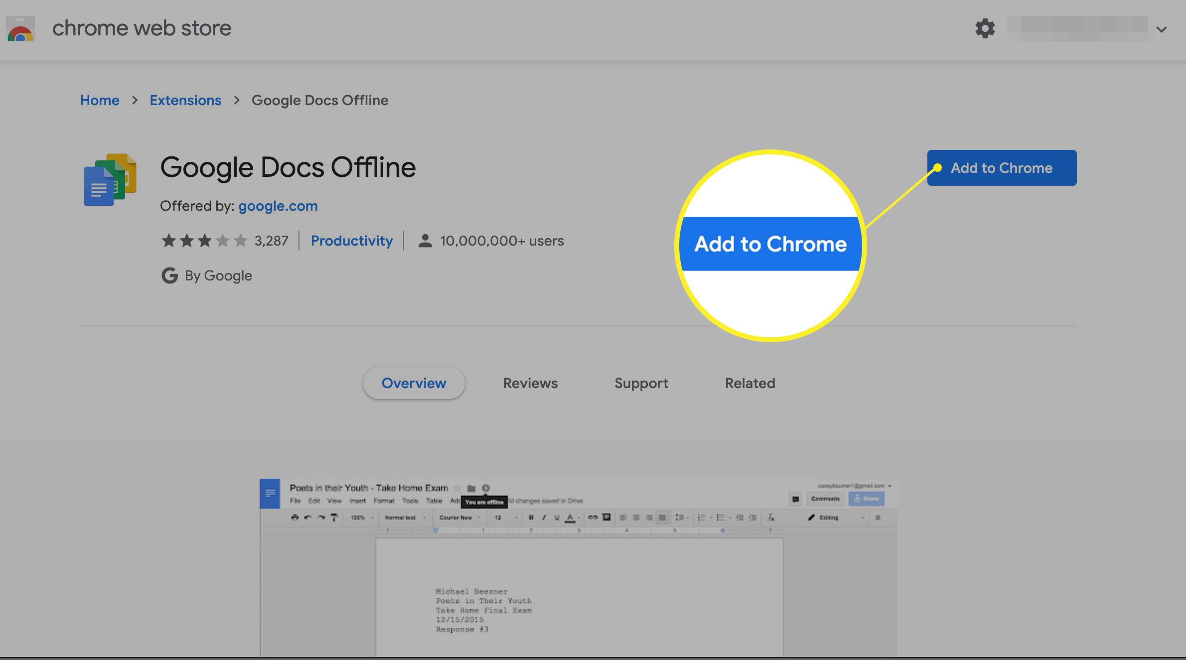 Přidejte do prohlížeče Chrome v Internetovém obchodě Chrome rozšíření Google Docs Offline