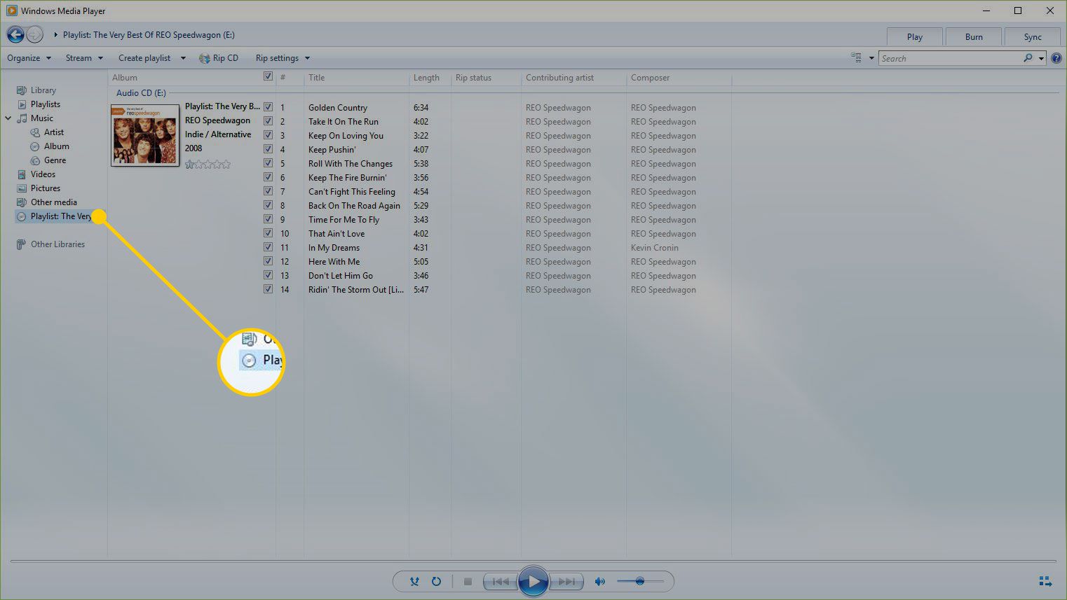 Windows Media Player se zvýrazněným zvukovým CD