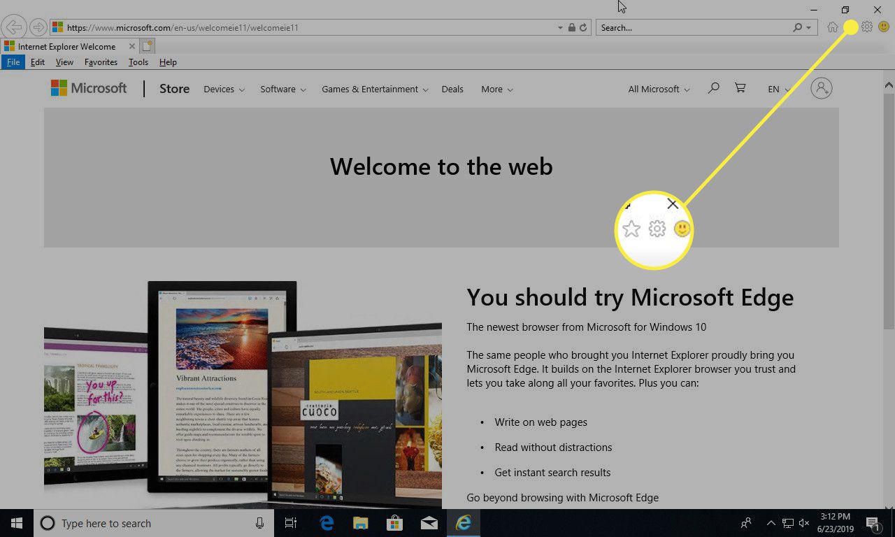 Snímek obrazovky aplikace Internet Explorer se zvýrazněným ozubeným kolem Nastavení