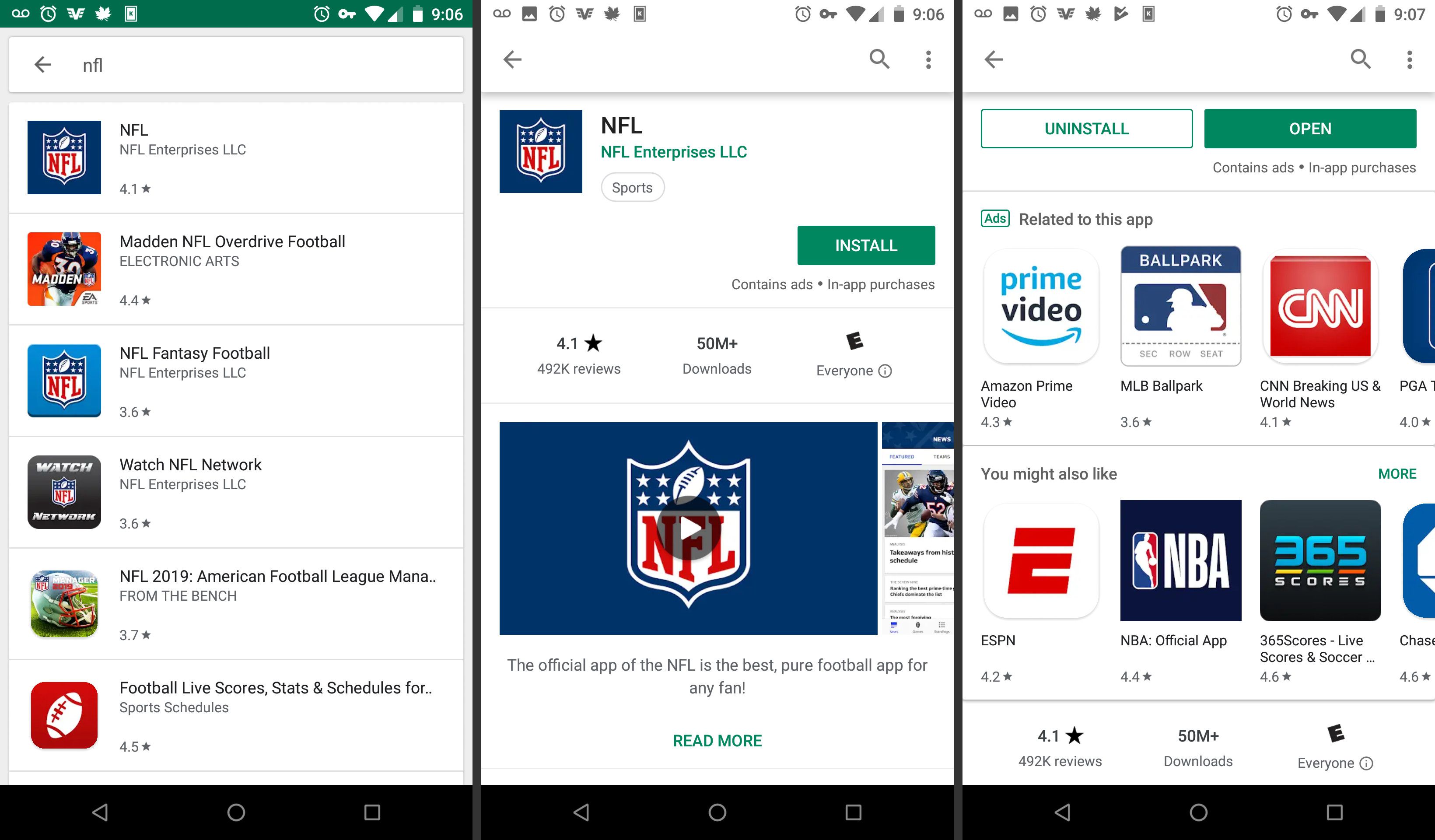 Mobilní aplikace NFL v obchodu s aplikacemi