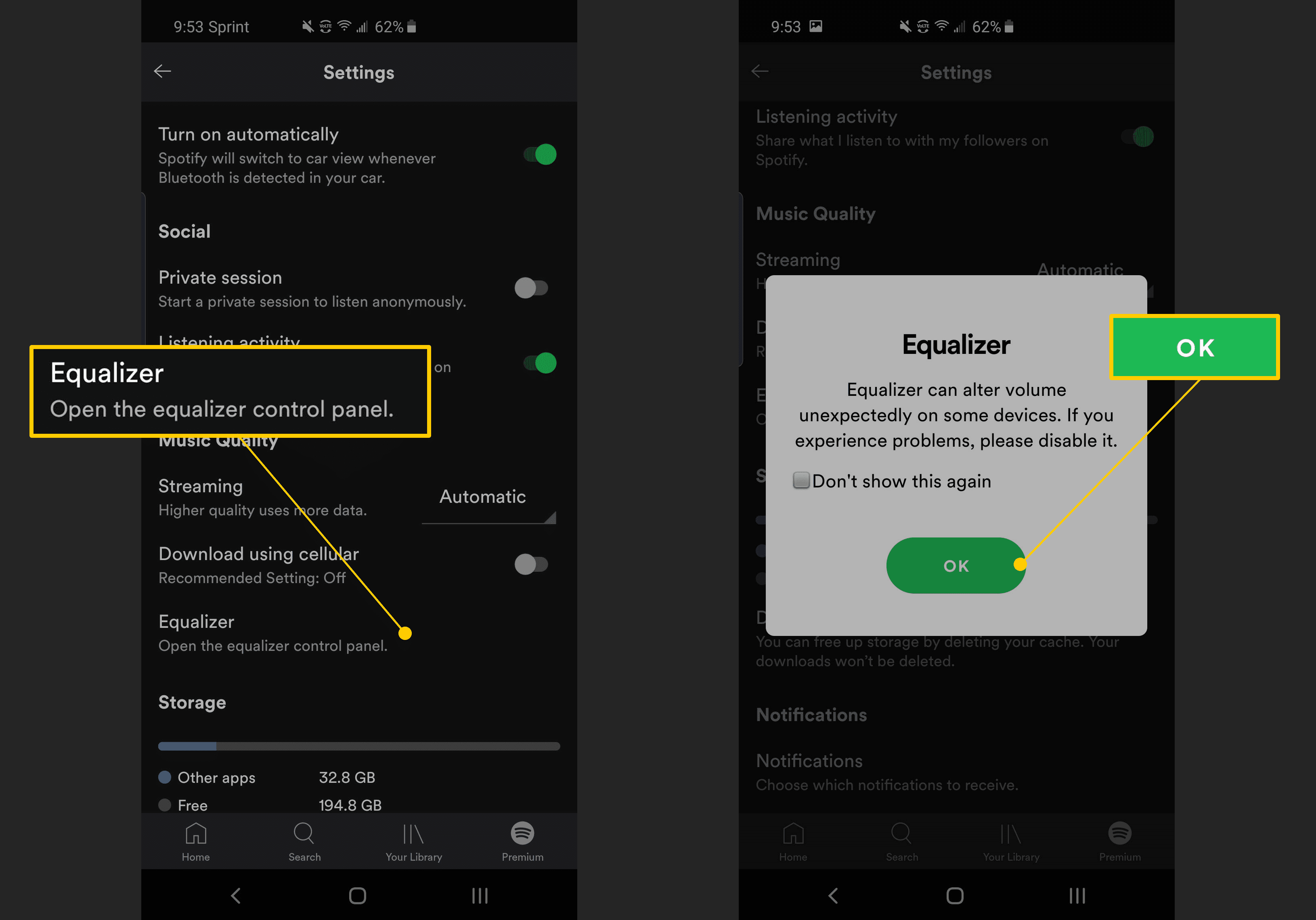 Tlačítko Ekvalizér, OK v nastavení Spotify v systému Android