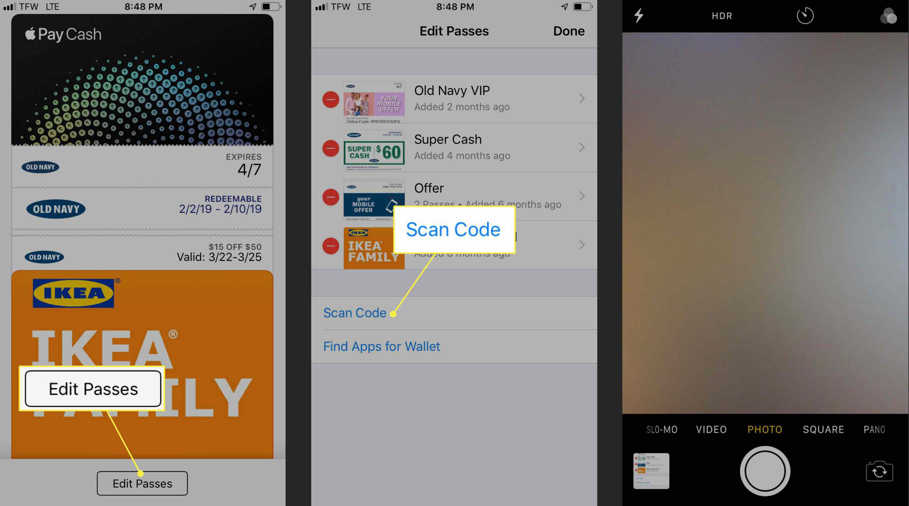 Příkazy Upravit průkazy a Skenovat kód v Apple Wallet