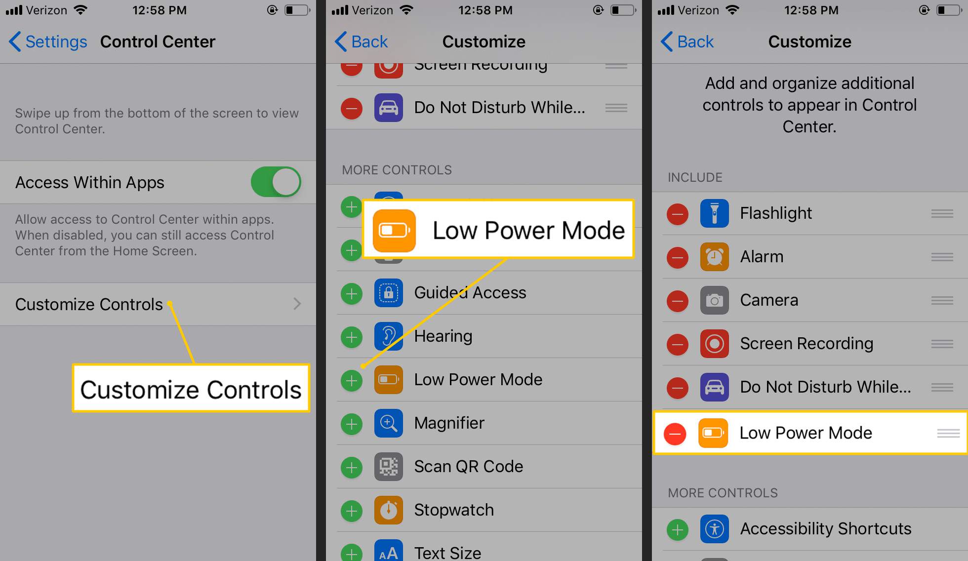 Přizpůsobte ovládací prvky, tlačítka režimu nízké spotřeby v nastavení iOS