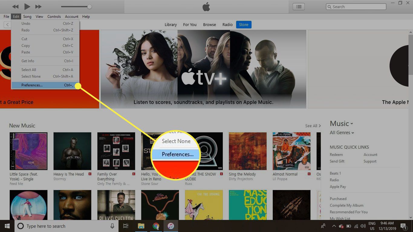 iTunes se zvýrazněnou možností nabídky Předvolby