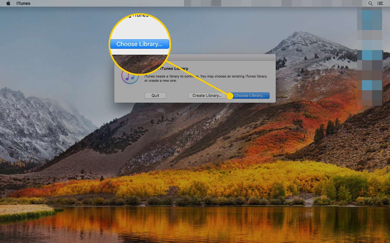 Okno „Vybrat knihovnu iTunes“ na počítači Mac se zvýrazněným tlačítkem Vybrat knihovnu
