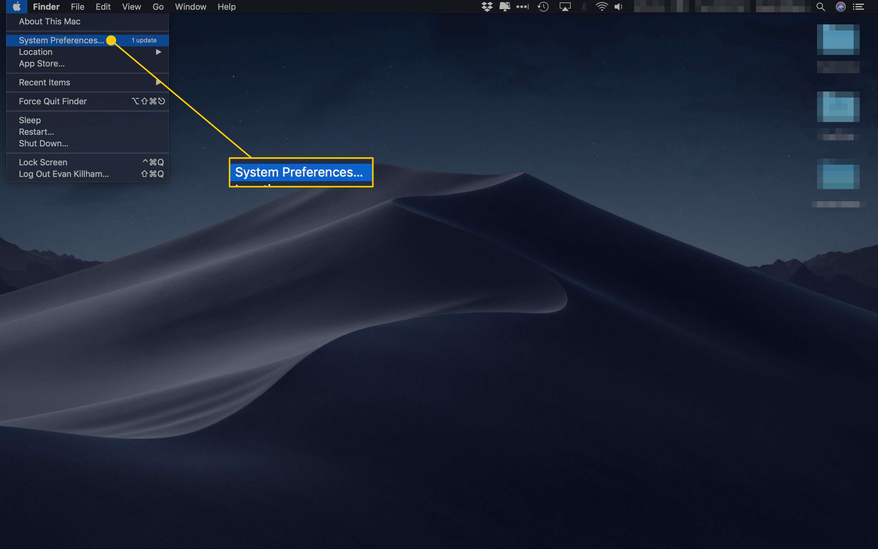 Pracovní plocha Mac se zvýrazněným příkazem System Preferences