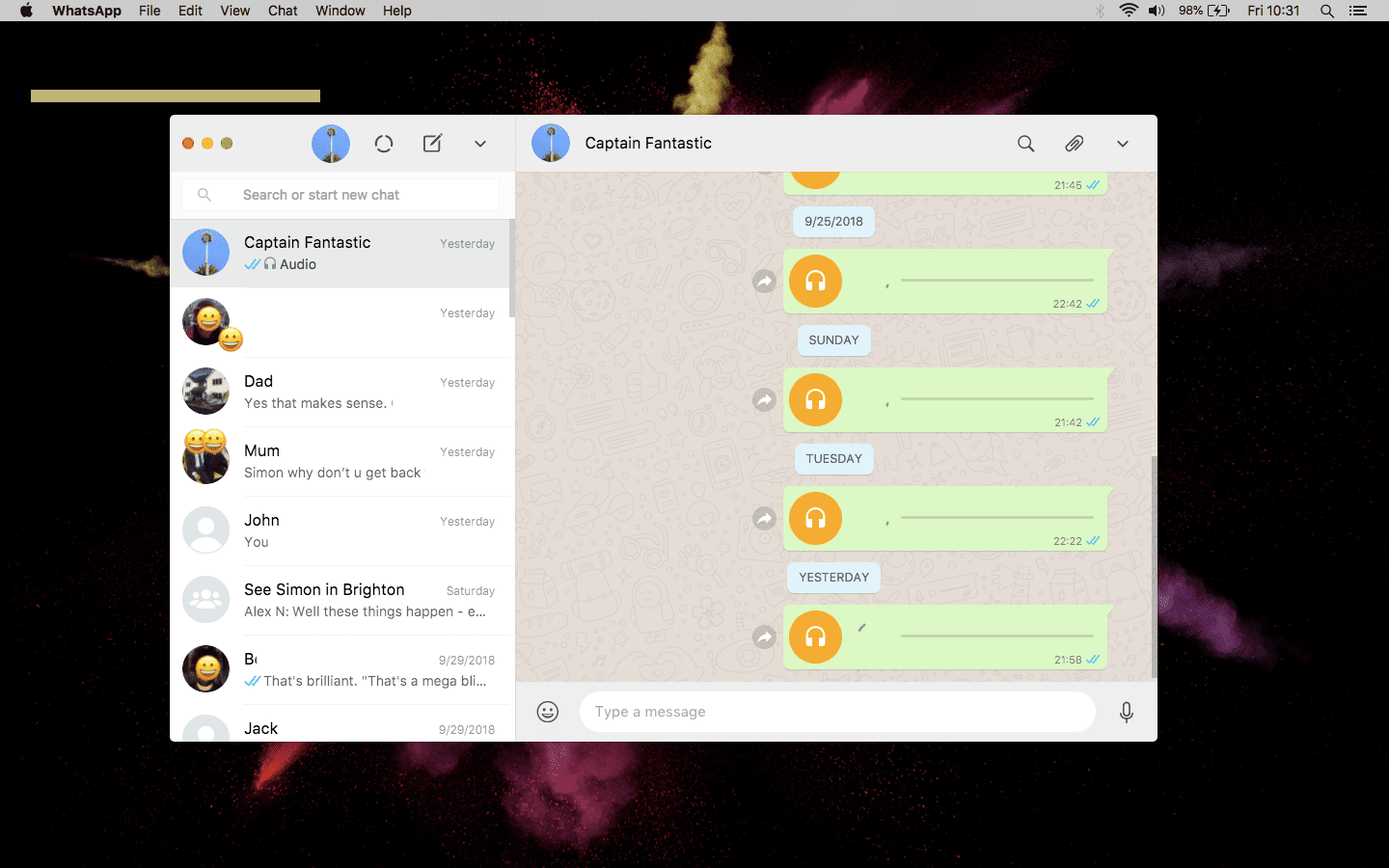 Snímek obrazovky aplikace WhatsApp pro Mac.